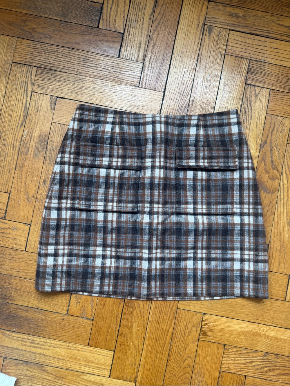 Reformation Plaid Mini Skirt in Brown and Cream
